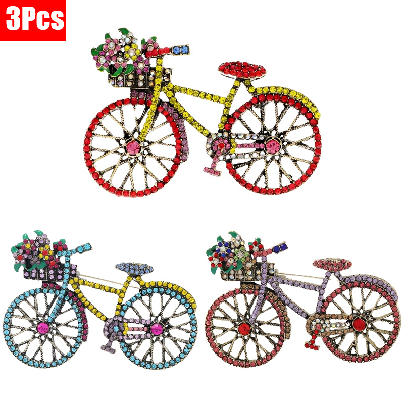 TEMU 3pcs/set Colorful Bicycle Brooches, Retro Creative Brooches For Women, Fashionable Jewelry, Flower-shaped Design, Versatile Accessory Suitable