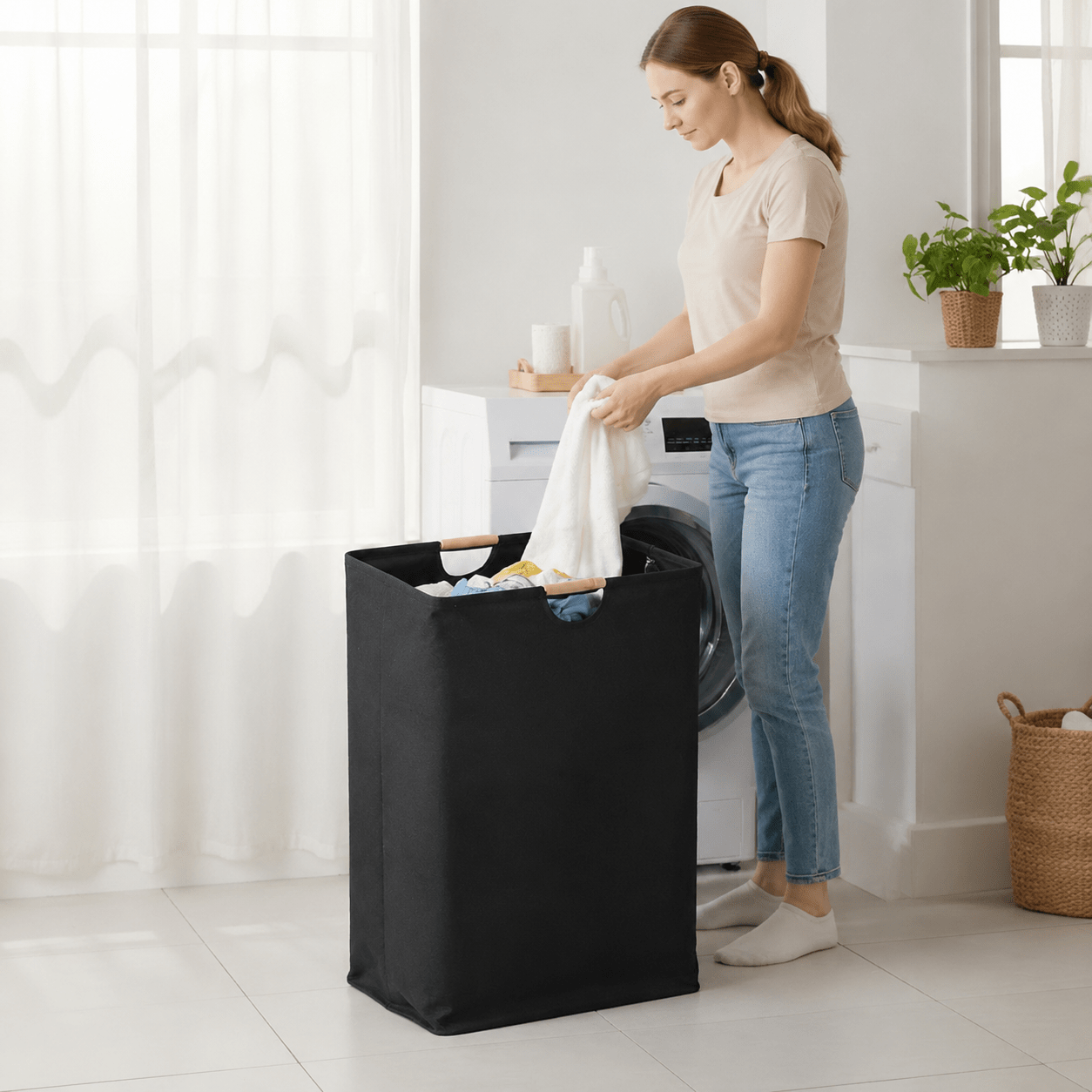 TEMU Laundry Basket With Durable Wooden Handle, Extra-large Folding Clothes Storage Basket, Collapsible Laundry Storage Container - Multiple Usage