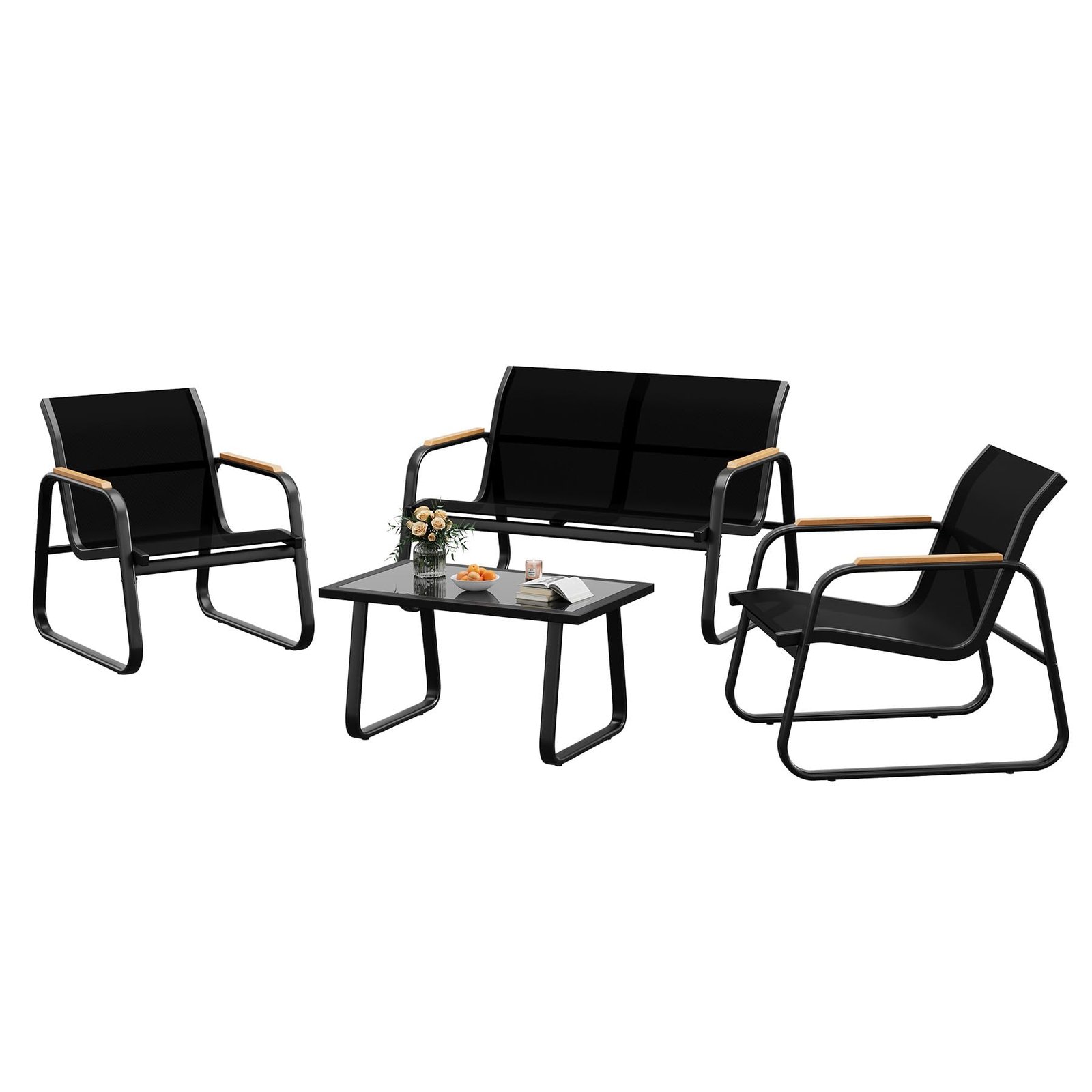 Black Patio Lounge Set Of 4 Sturdy Iron Constructed Armrest Combination Sofa And Tea Table Outfit Multipurpose For Backyard Courtyard Exterior Furnishing Layout