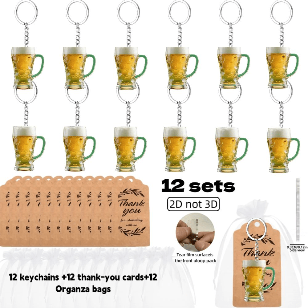 TEMU Set portachiavi 2D piatto, 2D piatto - Un regalo /lui 2D piatto, set di 36 portachiavi con boccale di birra con schiuma ed elementi in vetro ,