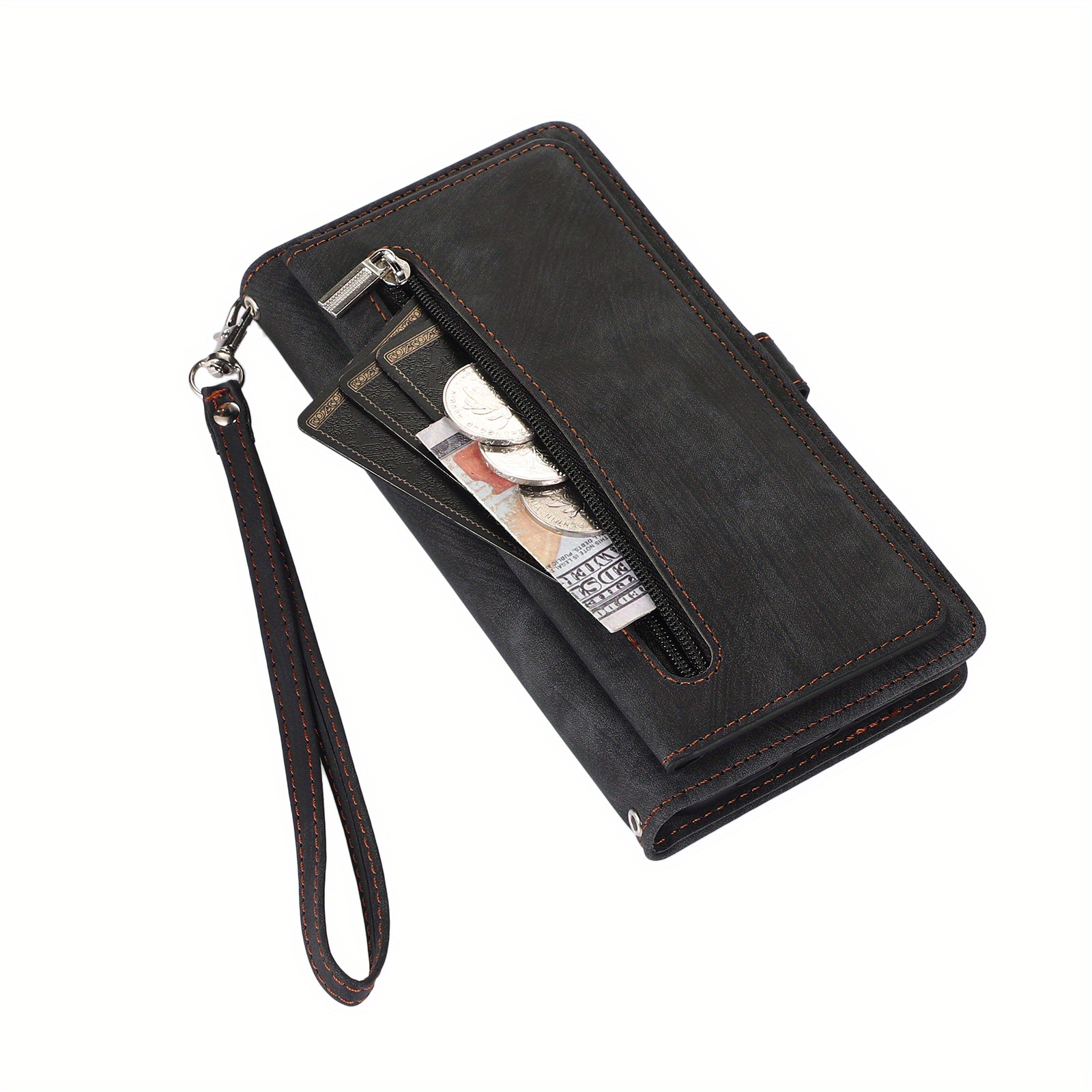 TEMU Phone Case: Black 9-card Zipper Wallet With Short Strap Phone Case, Fashionable Cover For Men And Women, Compatible With S25 /s25 Ultra/s25
