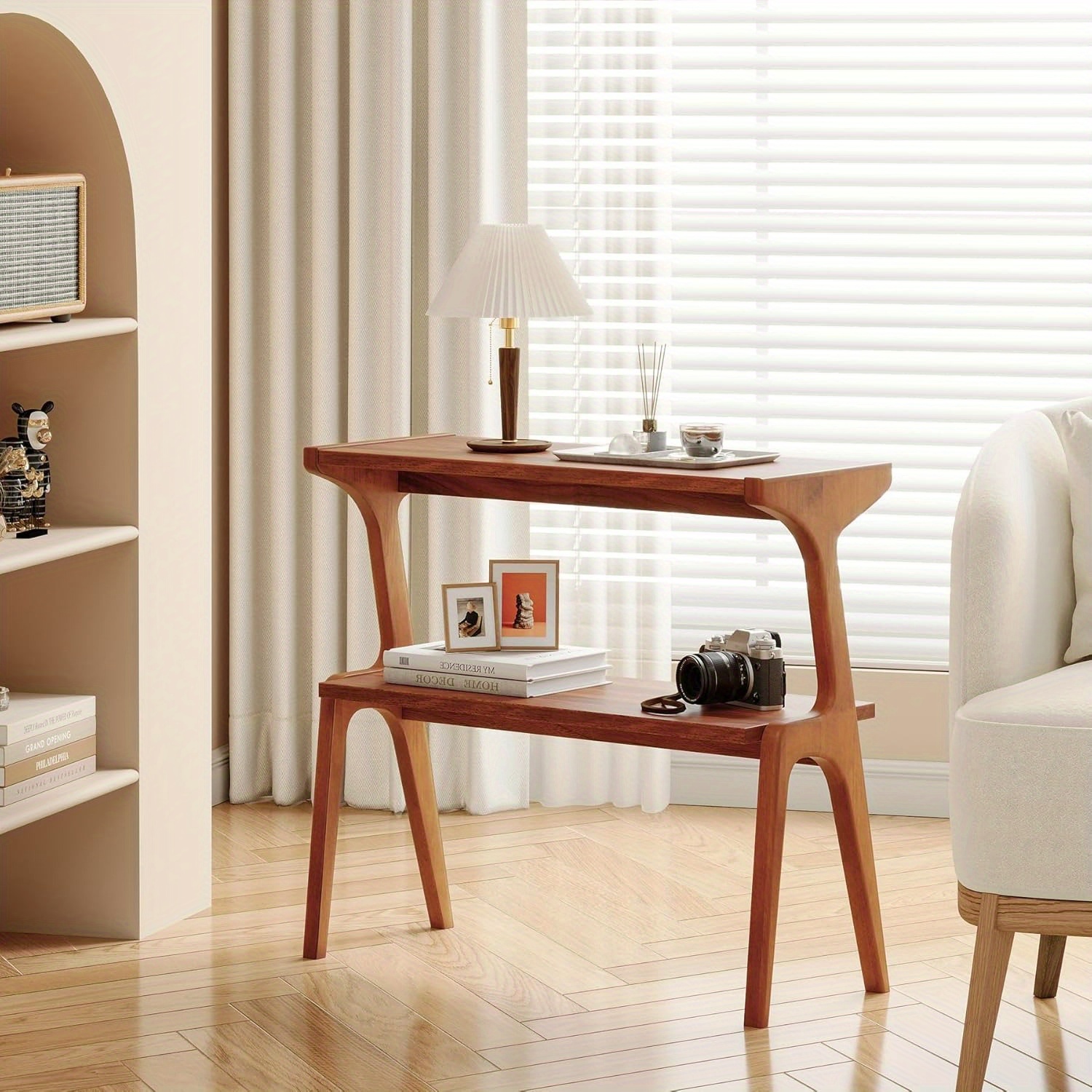 Solid Wood End Table with 2-Tier Storage Shelf