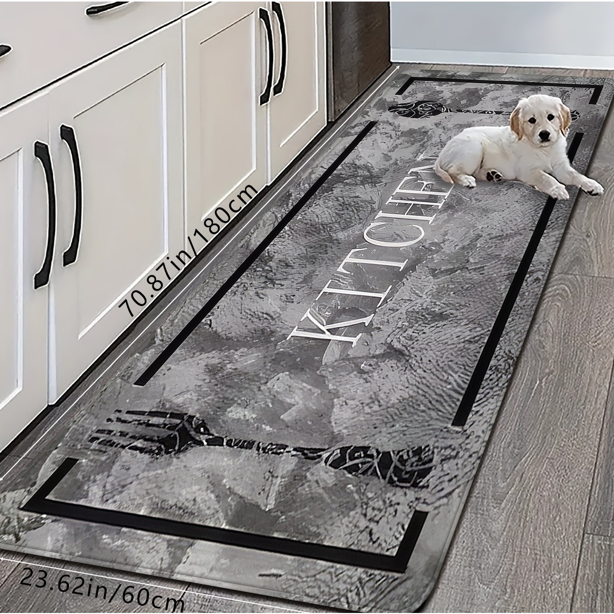 TEMU 1 pièce/2 pièces/3 pièces Tapis de cheminée de cuisine long, créatif, vintage, à motif d'ardoise grise avec imprimé 'KITCHEN', absorbant,