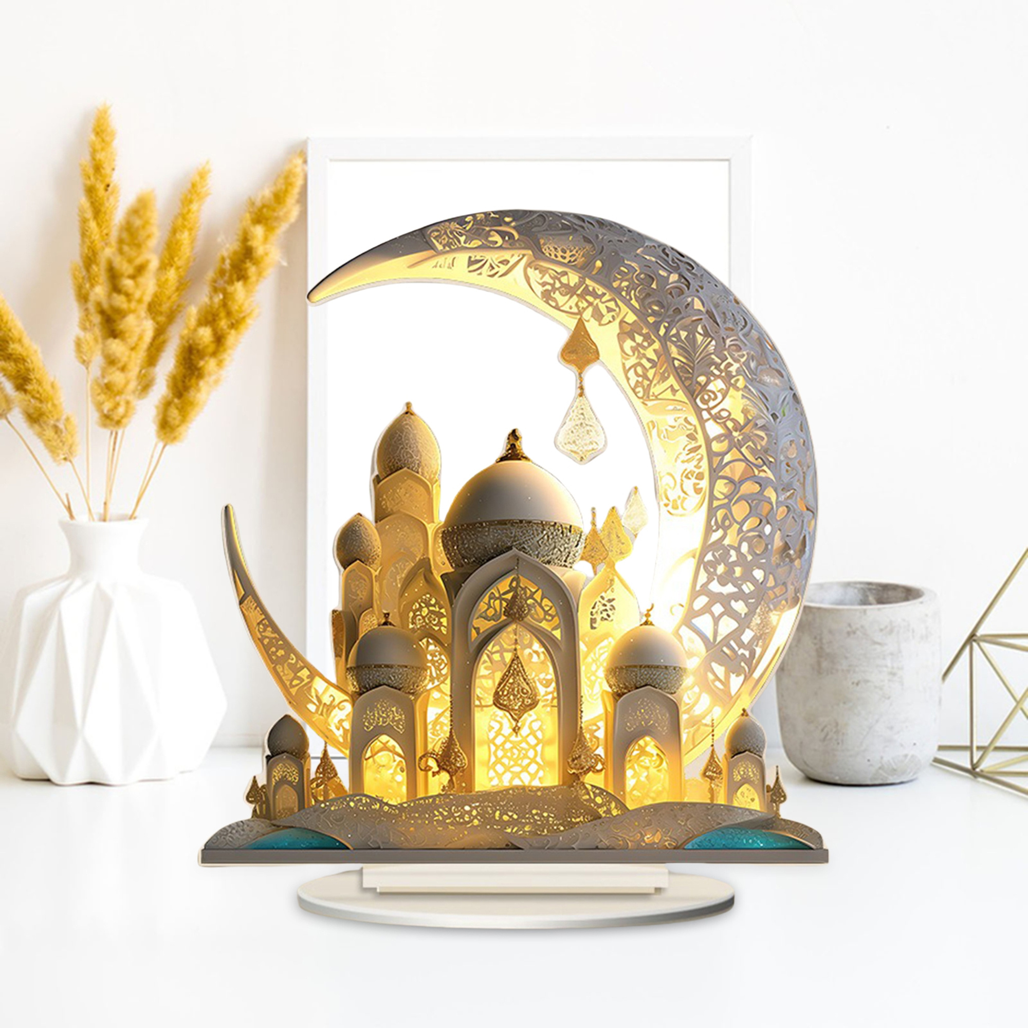 2D Flat, 2D Flat, 2D Flat - 2d Flat Moon Castle Ramadan Acrylic Desktop Ornament | Elegant Crescent and Islamic Architecture Design, Ideal for Home and Party Decoration, Non
