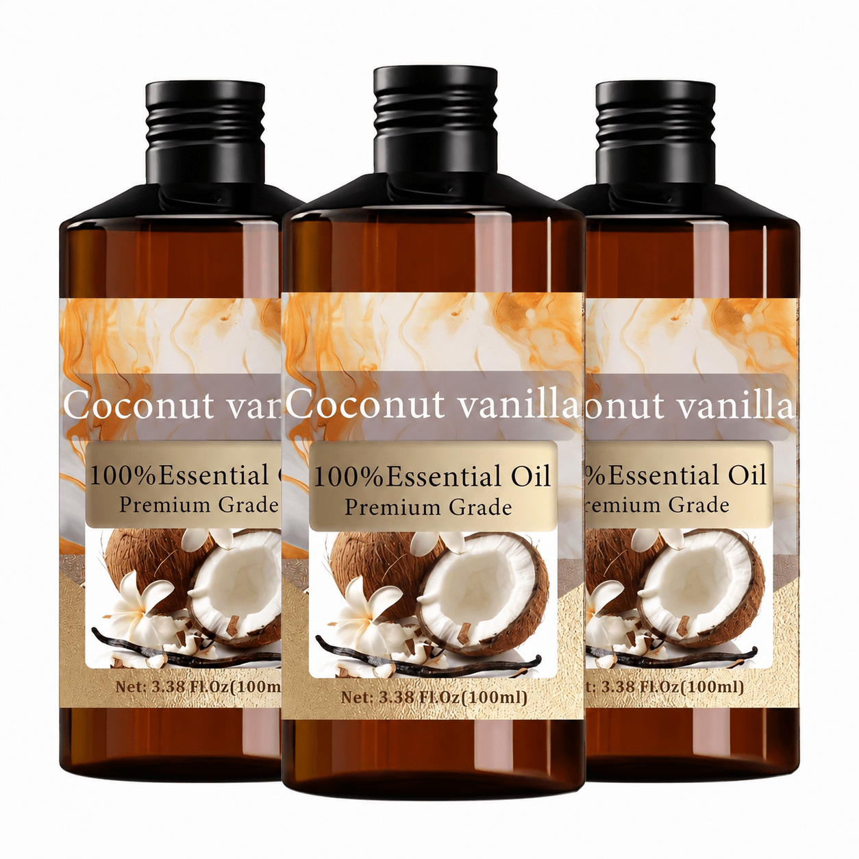 Image of Buy 2 Get 1 Free 3pcs * Coconut Vanilla Essential Oil, Moisturizing Hydrating Formula, Use, Suitable For Hair Care, Skin Care, Cleaning, Massage. Suitable For Types. Meditation Or . 300ml/ 10.15fl.oz