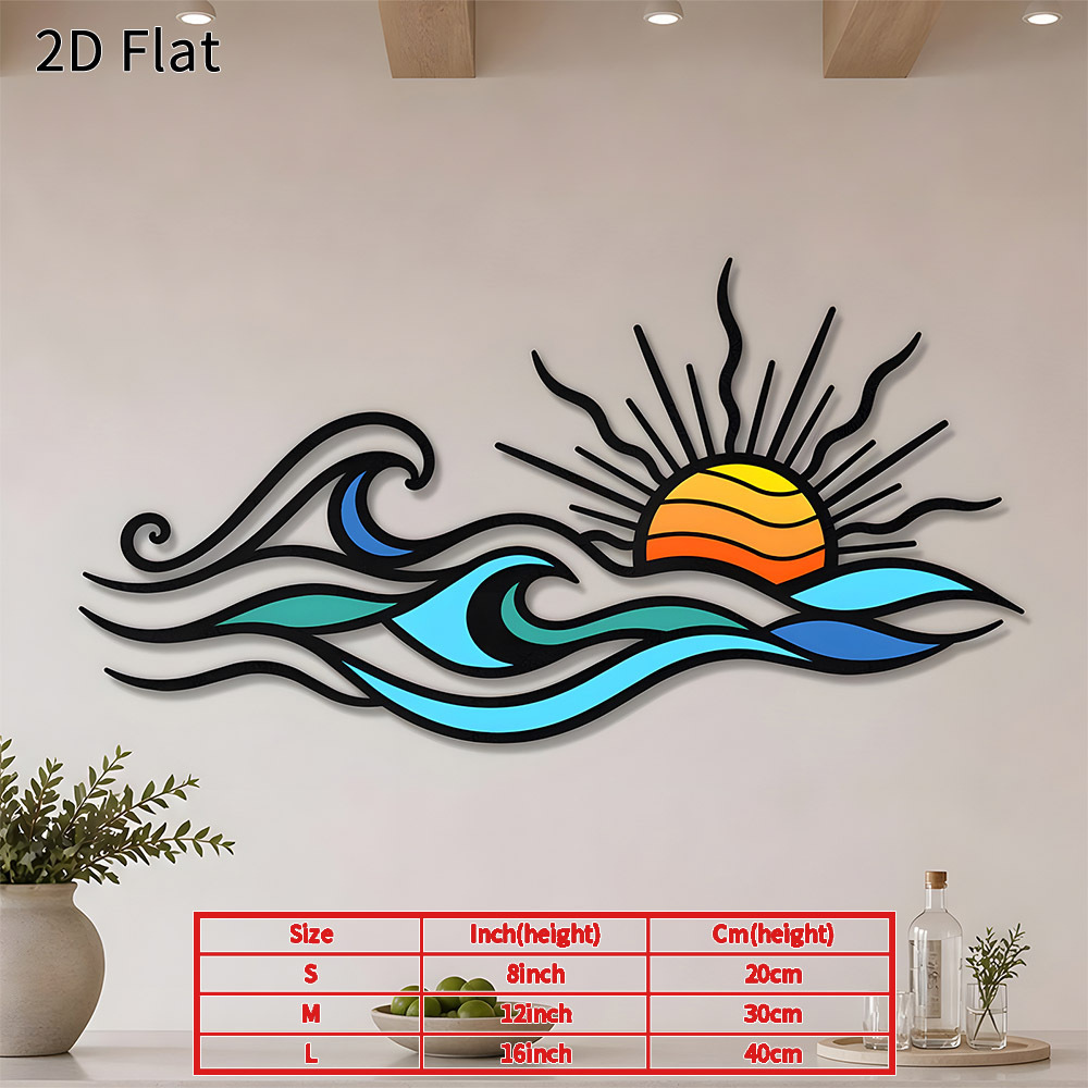 TEMU 2d Flat, [2d Flat] 2d Flat- 1pc Ocean Waves And Sunset Metal Wall Art, 2d Flat Durable Metal Decoration, Suitable For Coastal Room And Bedroom