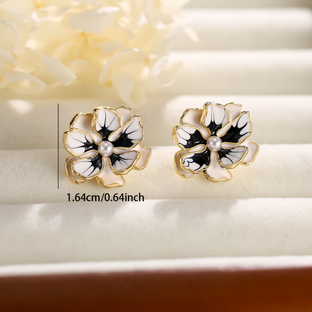 Women's Plated Enamel Flower Dangle Earrings with Center Beads