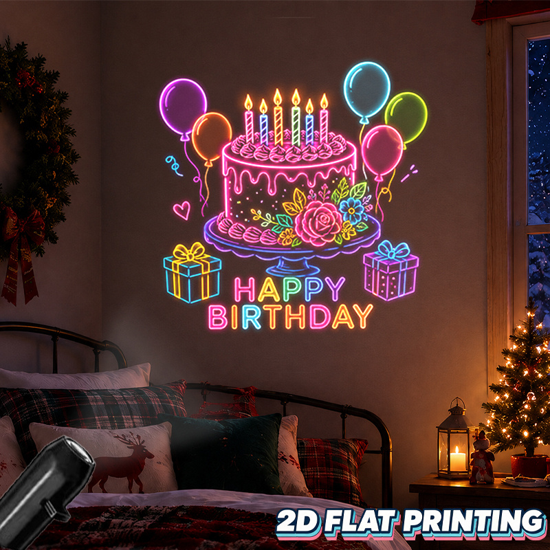 TEMU 1pc 2d Flat Portable Projector Lamp For Festive Happy Birthday Party Ambiance With Cake Balloons And Gift Boxes To Create Memorable Celebration
