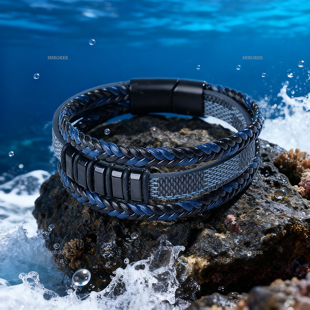TEMU 1pc Of Men's Vintage Blue And Black Braided Faux Leather Bracelet, Suitable For Outdoor Wear, Fashion Jewelry, And Gifts For Men