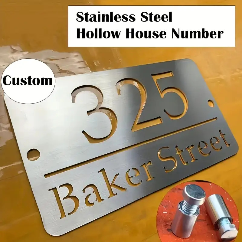 TEMU Customizable Laser-cut Stainless Steel Door Panels - Heavy-duty Weatherproof House Numbers And Street Signs, Pre-drilled For Easy Wall