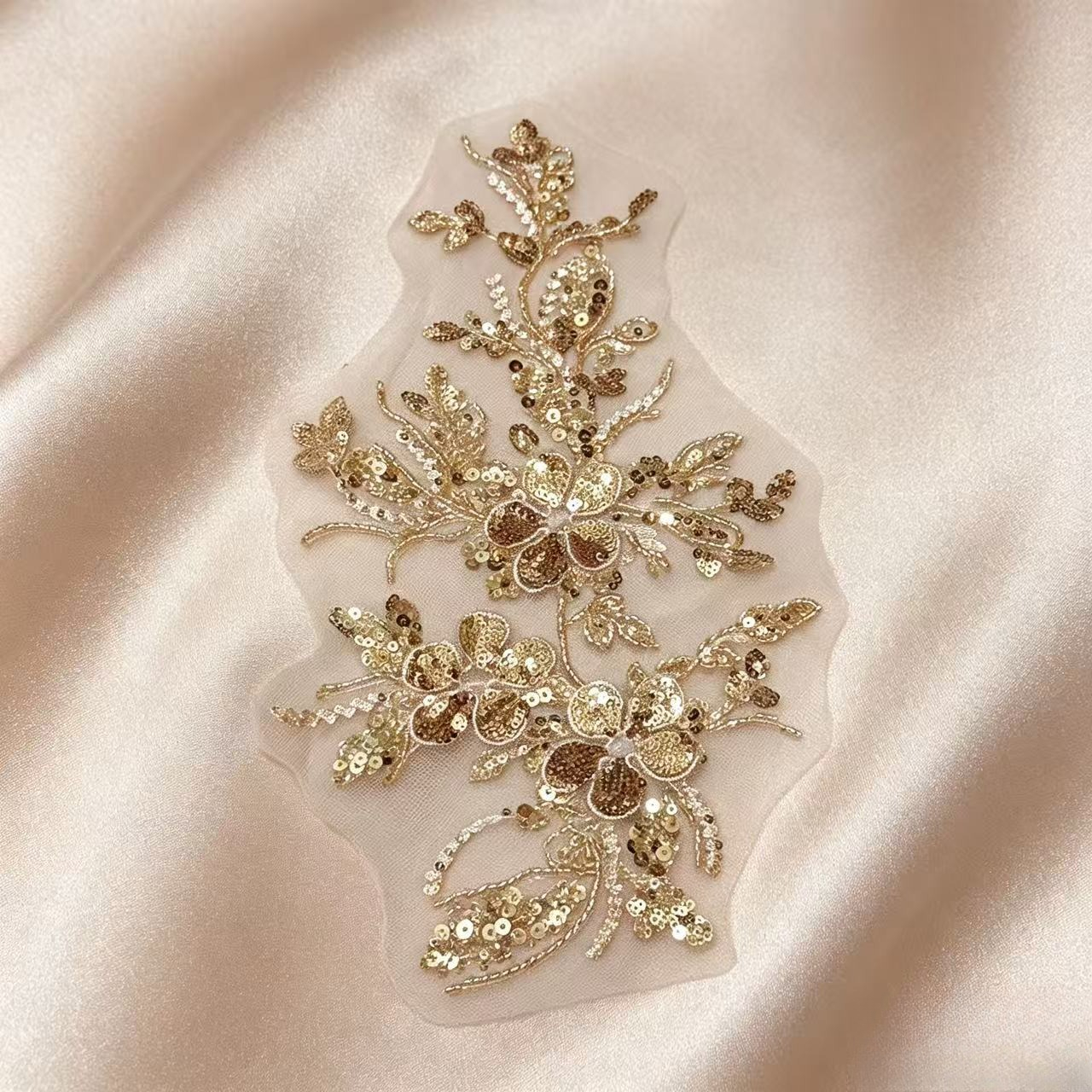 Champagne Golden Sequin Beaded Floral Embroidery Applique for Dresses
