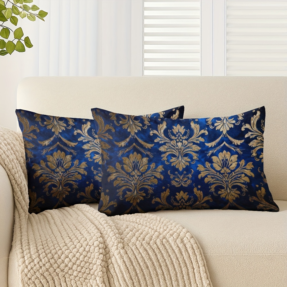 TEMU 2d Flat 2pcs Set European Vintage Blue And Golden Damask Pillowcases, Suitable For Modern Country Decor, Comfortable Bedding, Decorative