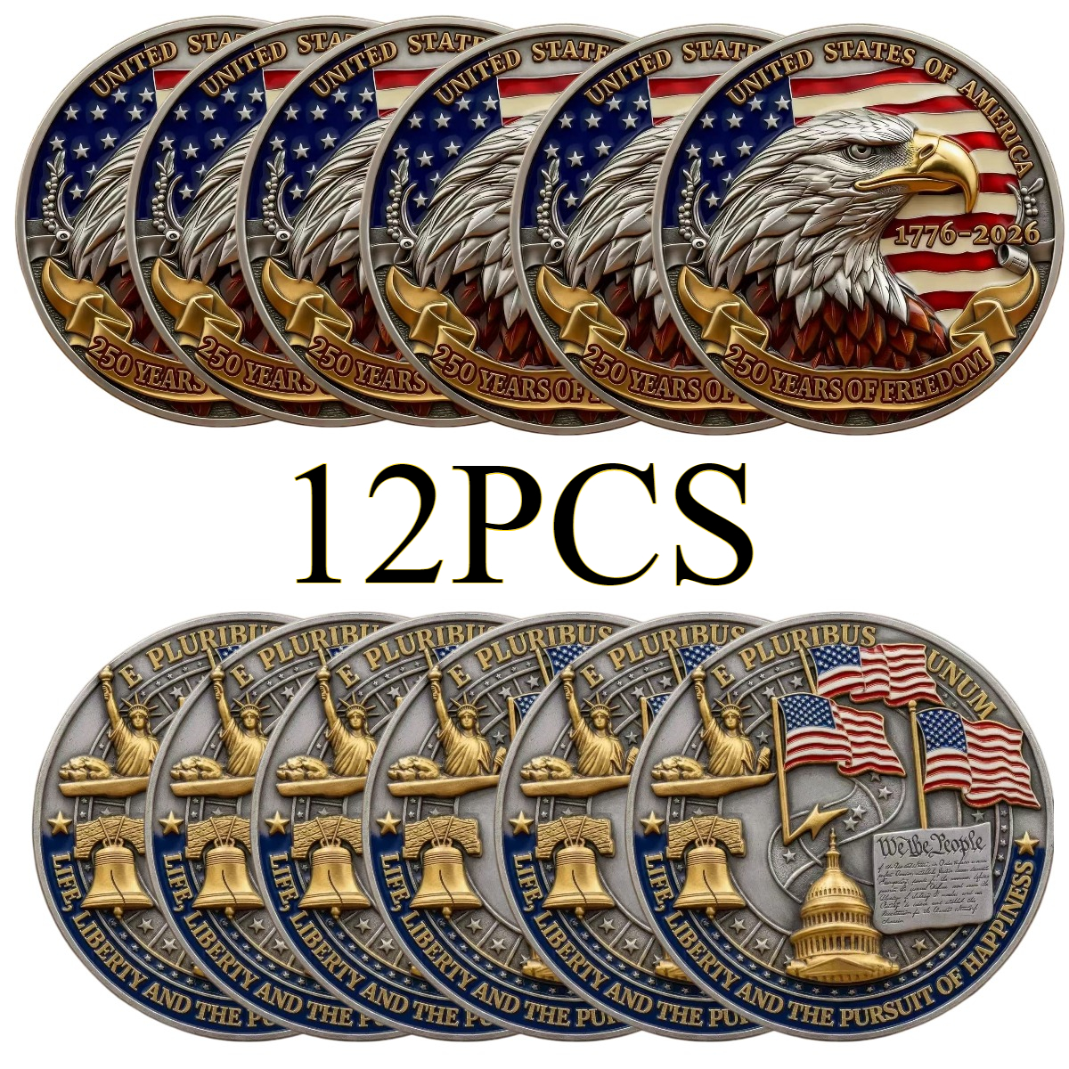 TEMU 12pcs 2026 250th Anniversary Eagle Commemorative Challenge Coin Featuring Advanced Relief And A 3-d Replica Of Flag Portrait Series Badge. Made