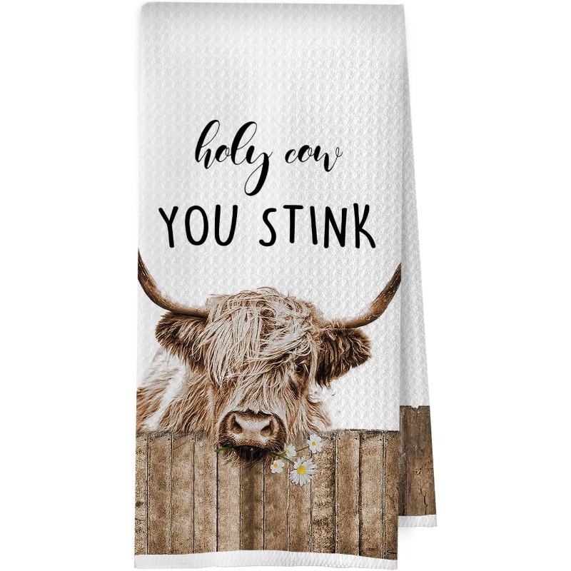 TEMU 1 décoration de cuisine Vache Highland de 18 x 26 pouces - Cadeau Vache Highland, Décoration de ferme amusante, Serviette de cuisine