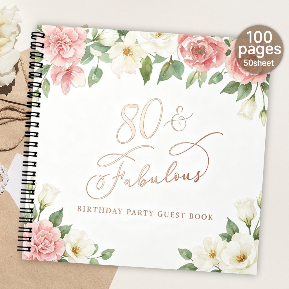TEMU 1pc Spiral Guestbook, 80 & Fabulous Floral Watercolor Blank Page Guest Book, 80th Birthday Party Message & Signature Book, Meaningful Gift &