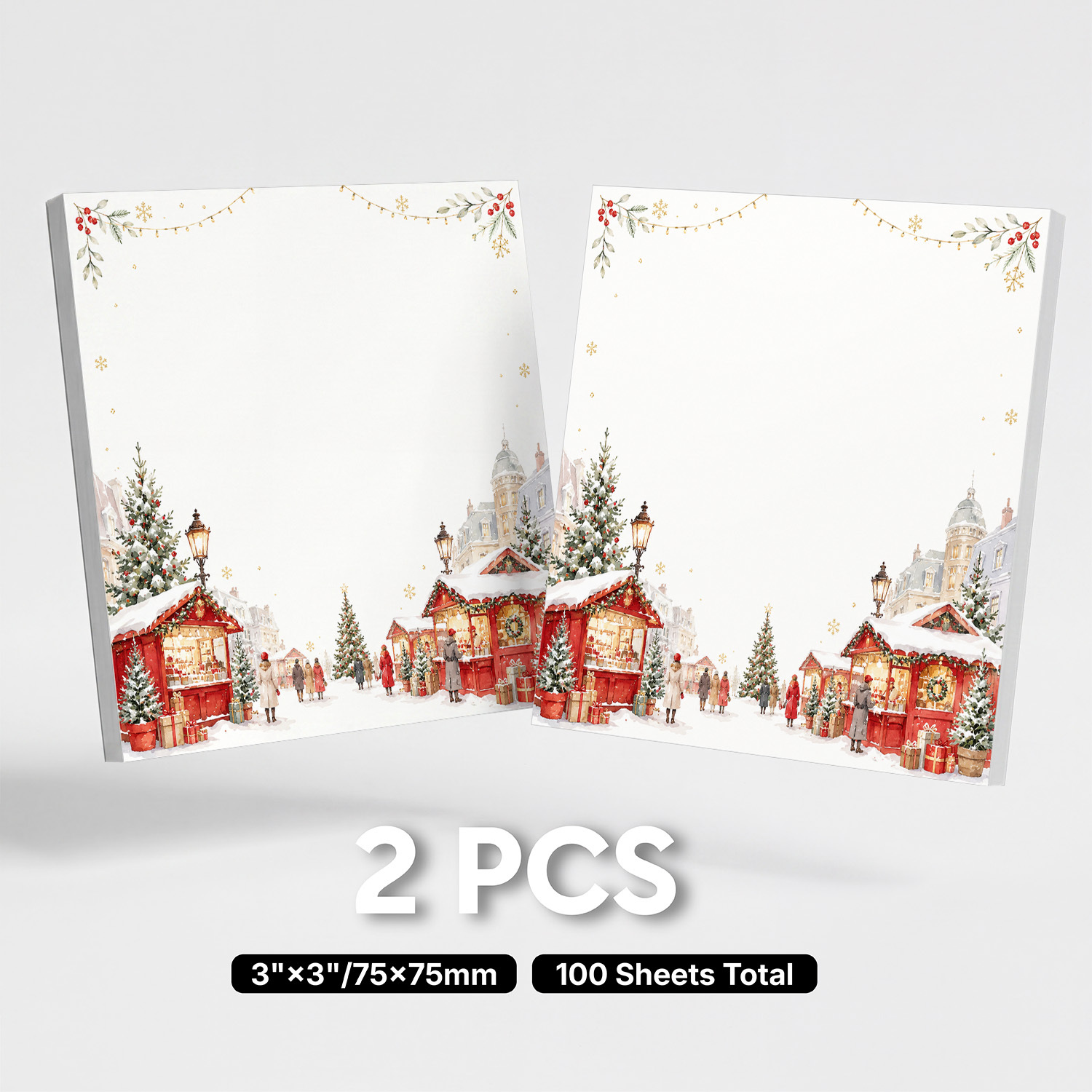 TEMU 2pcs Winter Market Sticky Notes Suitable For Office & - 100 Sheets Total With Snowy Christmas Tree, Red Stall & Festive | Square Adhesive Pages