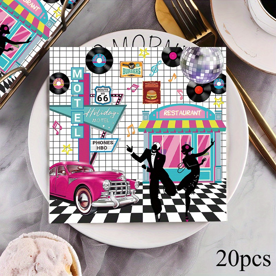 E-shop 20 Stück 50er-Jahre-Party-Napkins - Retro--Themen-Service, 2-lagiger Papier, Lebendiges 1960er-Jahre-Design mit farbenfrohen Mustern, für