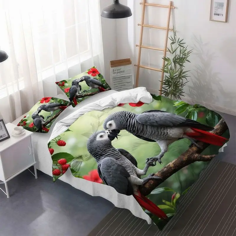 3pcs parrot duvet , bedding, romantic couples print, soft brushed microfiber for bedroom home decor 1 duvet +2 pillowcases, king size duvet , duvet set, bedding s, bedding comforter sets, bedroom decor, cozy bedroom, couple print, , textile, brushed fabric, pillowcase set, comforter set, couples gift, , quality bedding set, set, king size bed Product details 9