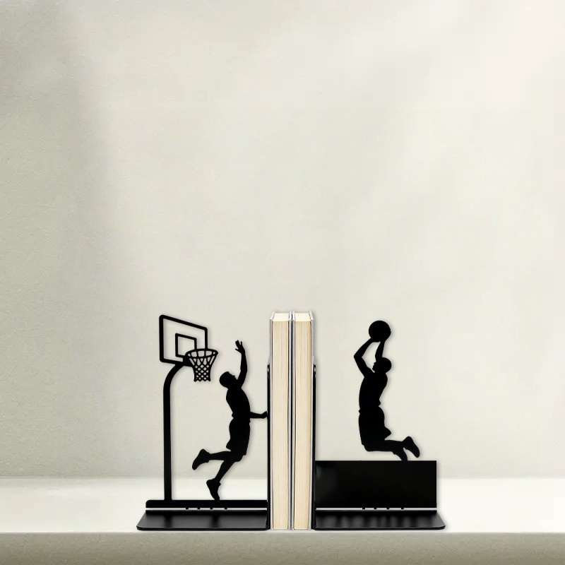 TEMU 1 Pair Metal Bookends, Iron Bookends - Basketball Dunk Silhouette Pattern, Creative Reading Pattern Desktop Book Storage And Organization Metal