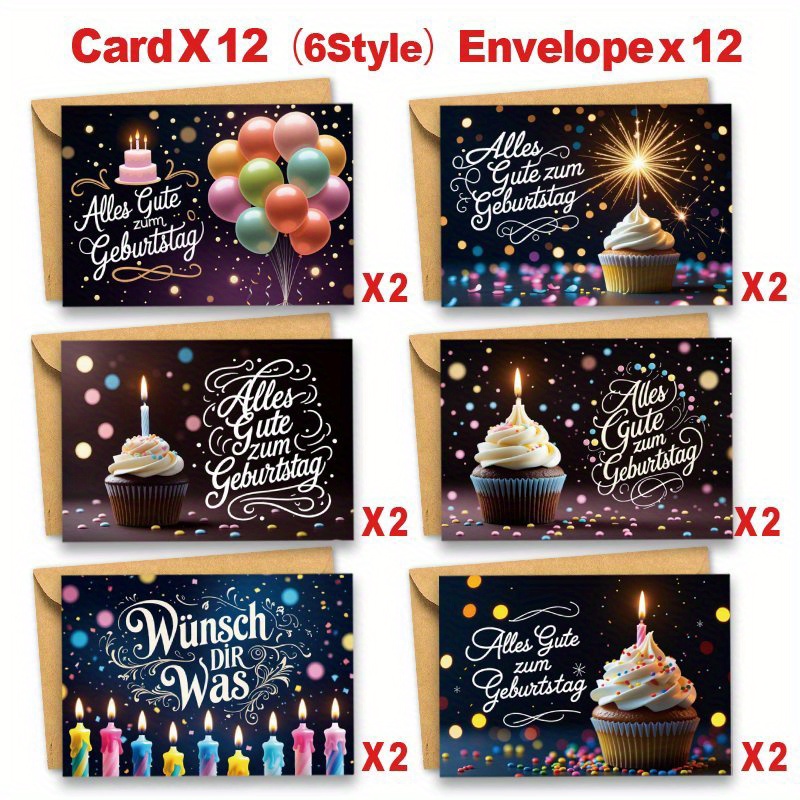 Image of 24pcs Of German Birthday Greeting Cards With Envelopes Featuring A Vibrant Colorful Birthday Cake Design, Suitable For , In Bulk For Family, , Women, And Men. Thank You