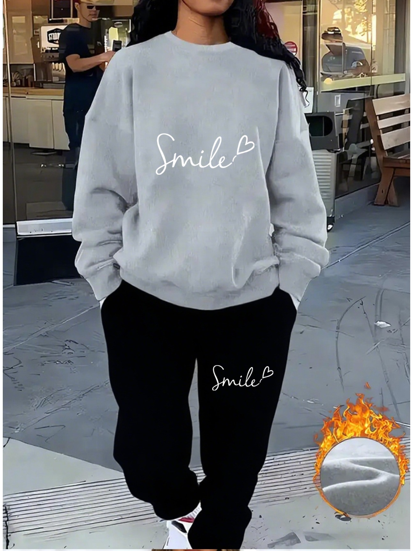 sweet printed   smile and a   pattern womens casual   round neck sweatshirt set long sleeved sweatshirt and trouser set
