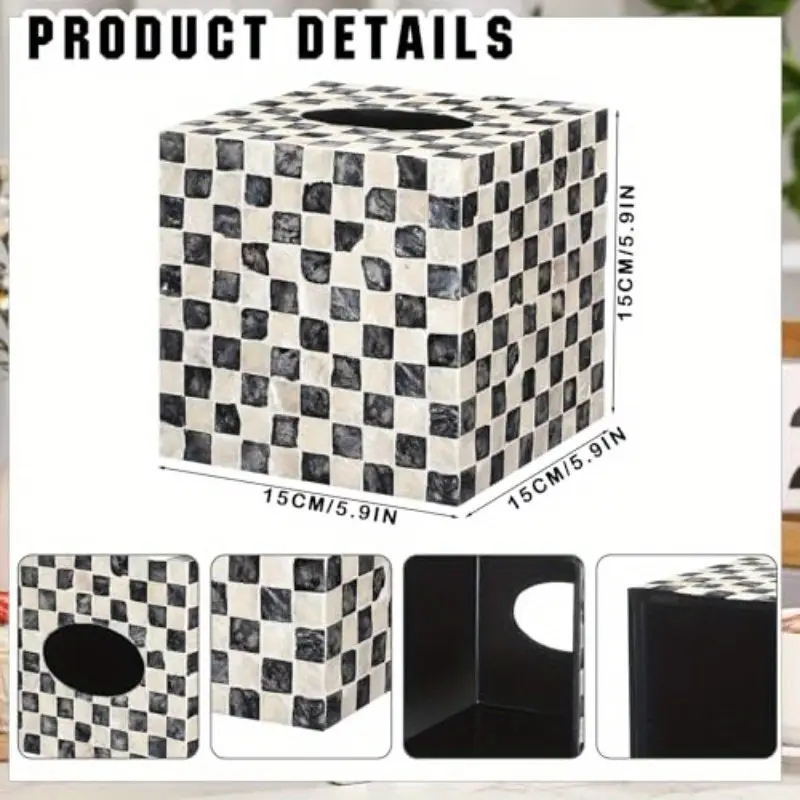5 9 inch cube tissue box cover elegant black white checkerboard pattern large opening easy refill design fits standard 5 tissue boxes for bathroom living room office kitchen decor organizer acacia wood construction Product details 1