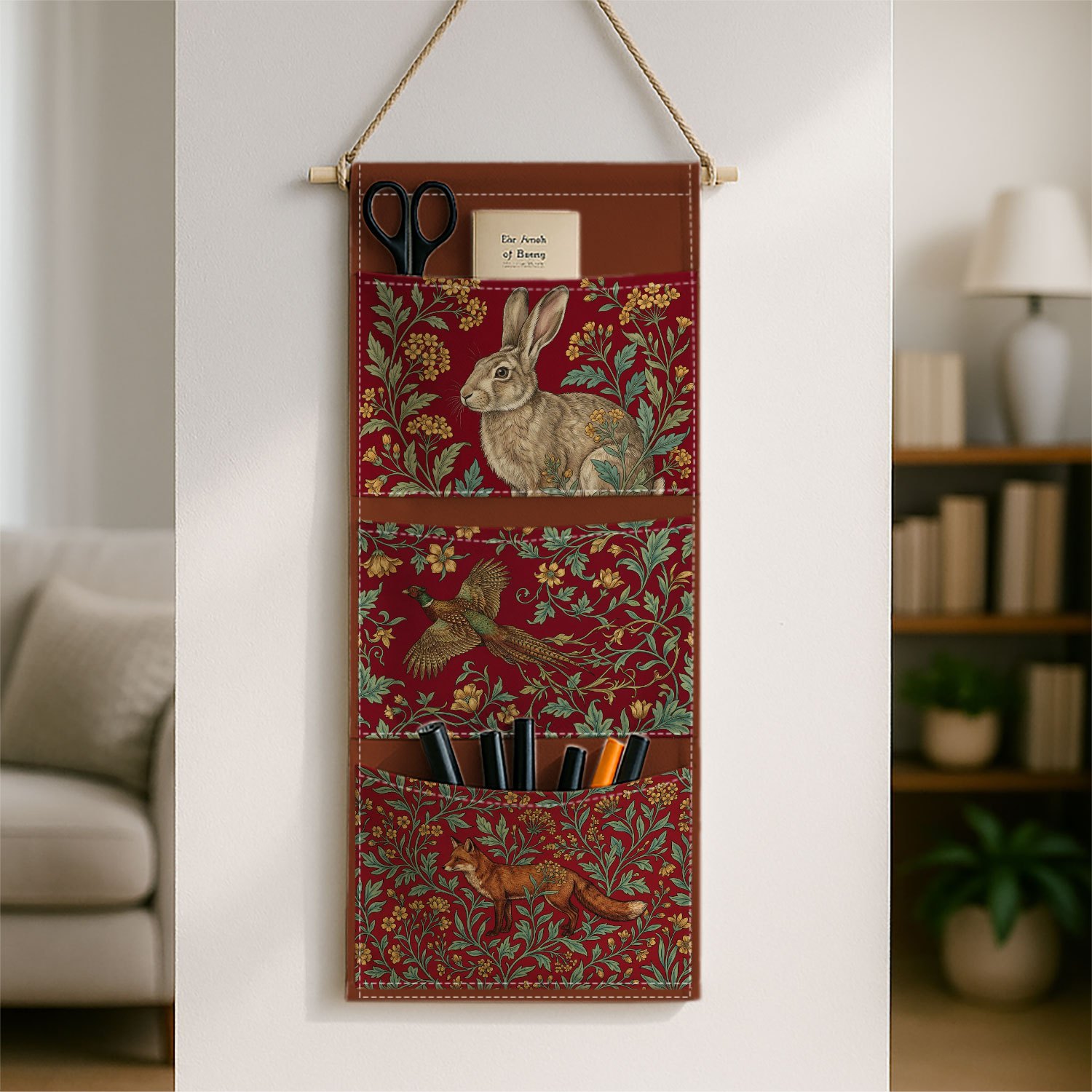 TEMU 1pc William Hanging Storage Bag With 3 Pockets - Medieval Forest Animal & Floral Fabric Suitable For Bedroom, Living Room Decor, Wall-mountable