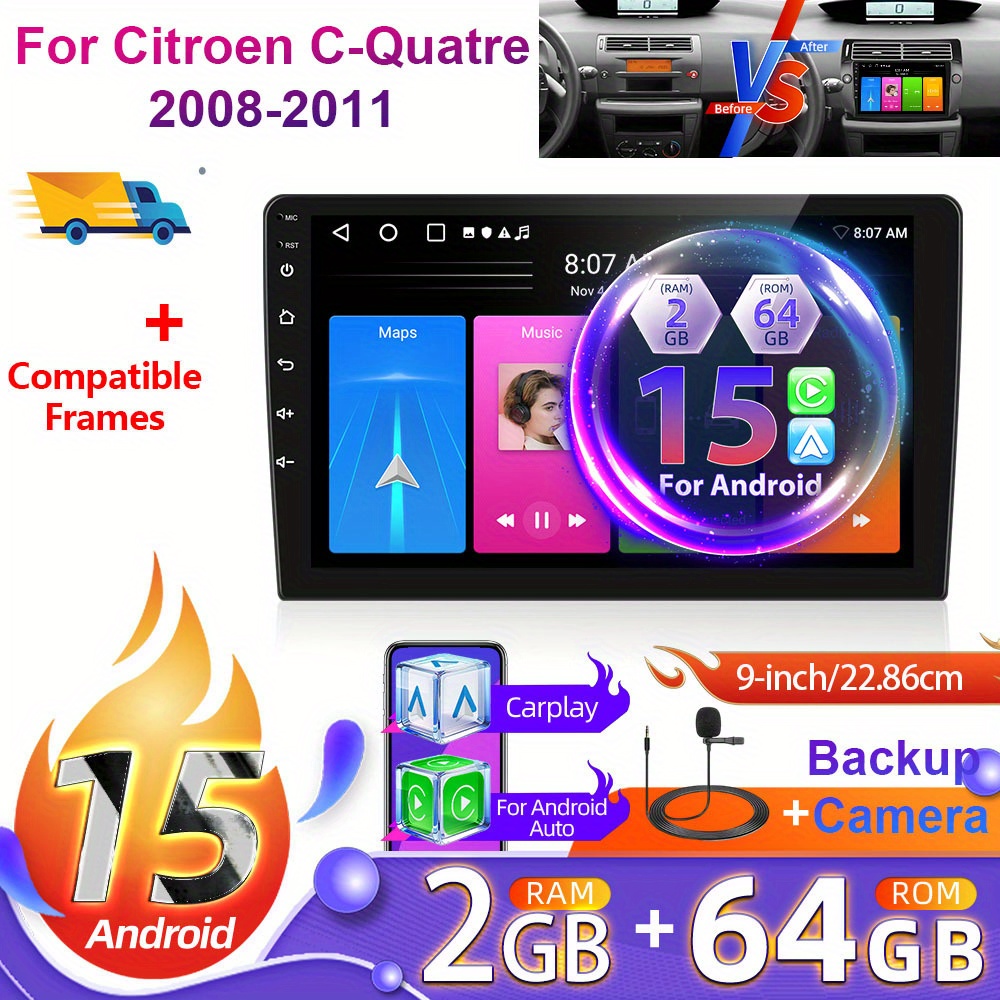 2+64g 9 Inch 15 Car Radio For C- 2008-2011 (frame Included) With Rear View Camera, Hd Touchscreen Radio With Auto Wifi Gps Eq Swc Fm And Canbus, Without Battery