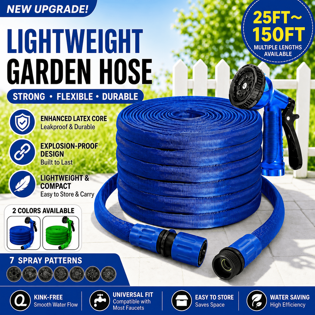 TEMU 150~25ft High-pressure Garden Hose, Featuring 7 Spray And 3/4-inch Brass Fittings, Made Of Leak-proof And Durable Rubber Material. Suitable For