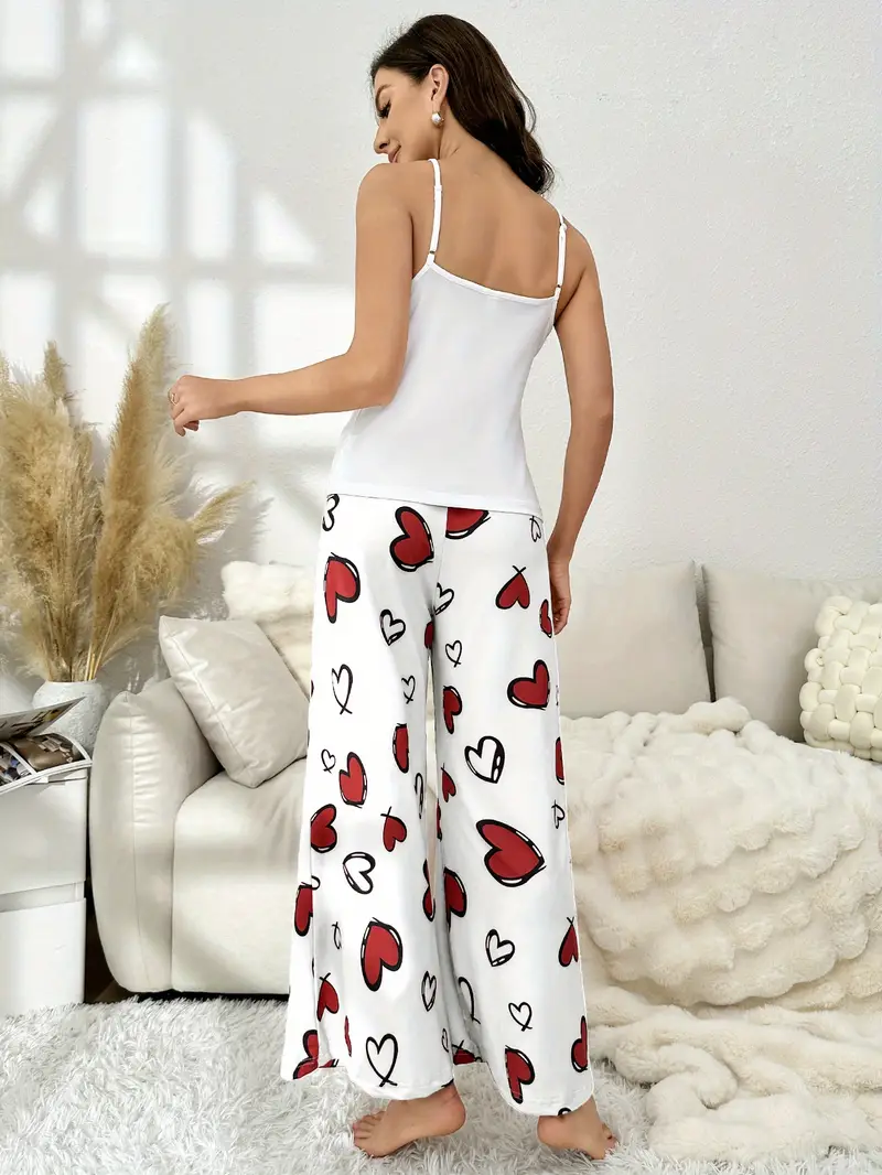 3 sets of 6pcs womens casual polyester black blue and white camisole top long pants pajama set heart flower print fabric short sleeve top with trousers casual loungewear sexy outside Product details 3