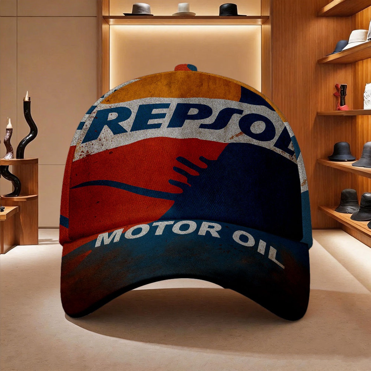 TEMU Gorra tipo con estampado retro de aceite de motor, 1 pieza, para - Hebilla ajustable, diseño de 5 paneles con visera curva, temática de estación