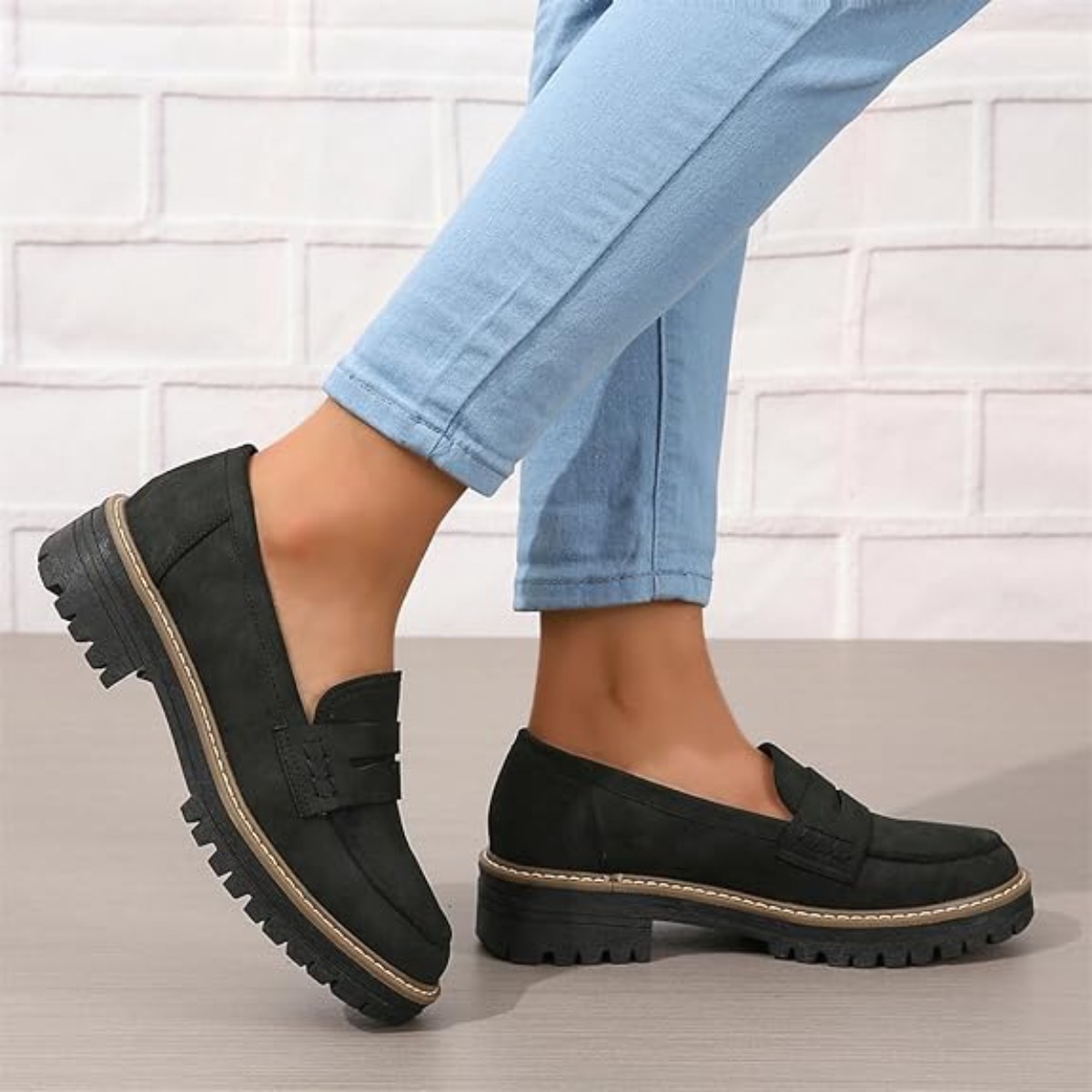 Image of British Style Platform Loafers, Camel Lug Sole Oxford Shoes, Versatile Shoes For Students, Women Shoes