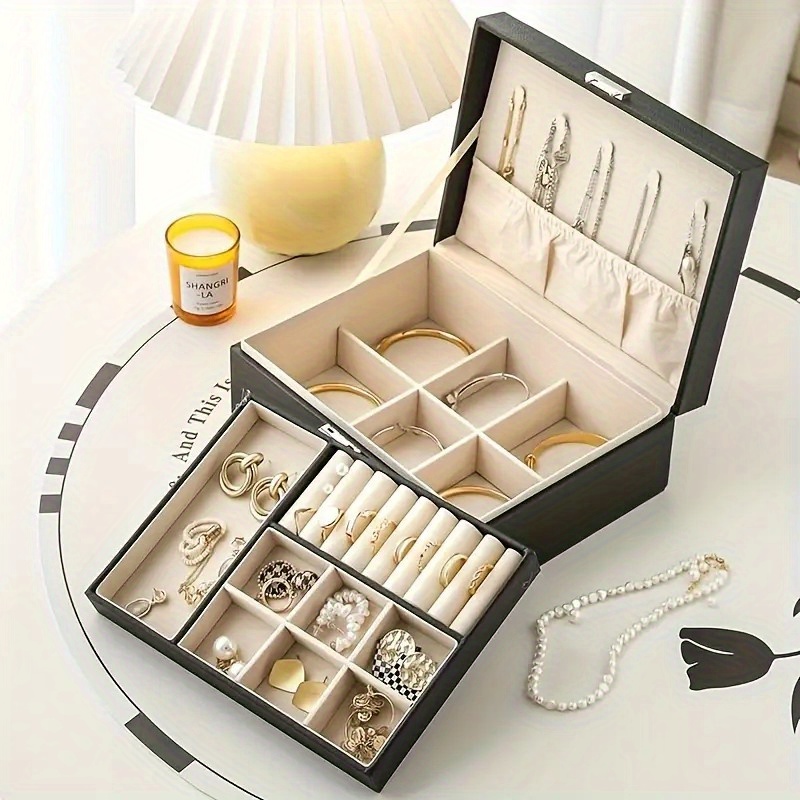 large capacity pu leather jewelry box with golden-tone hinges & locking mechanism - beige multi-tier organizer with soft cushioned compartments, drawers & open shelves for home, office, boutique storage - elegant gift box for jewelry, watches, accessories - contemporary style with golden-tone hardware, beige pu leather exterior, golden-tone   closure,   interior with multiple compartments & drawers, jewelry box large, large jewelry organizer storage, jewelry box Product details 2