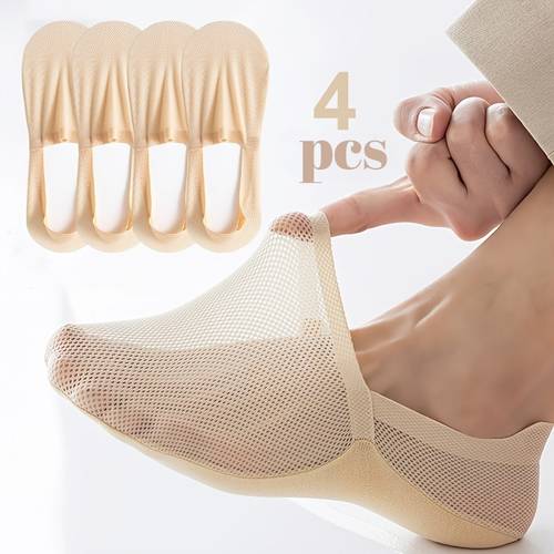 4pcs womens low cut no socks non slip anti slip heel breathable mesh apricot color suitable for casual shoes sneakers boat shoes low cut short socks for casual outfits machine washable