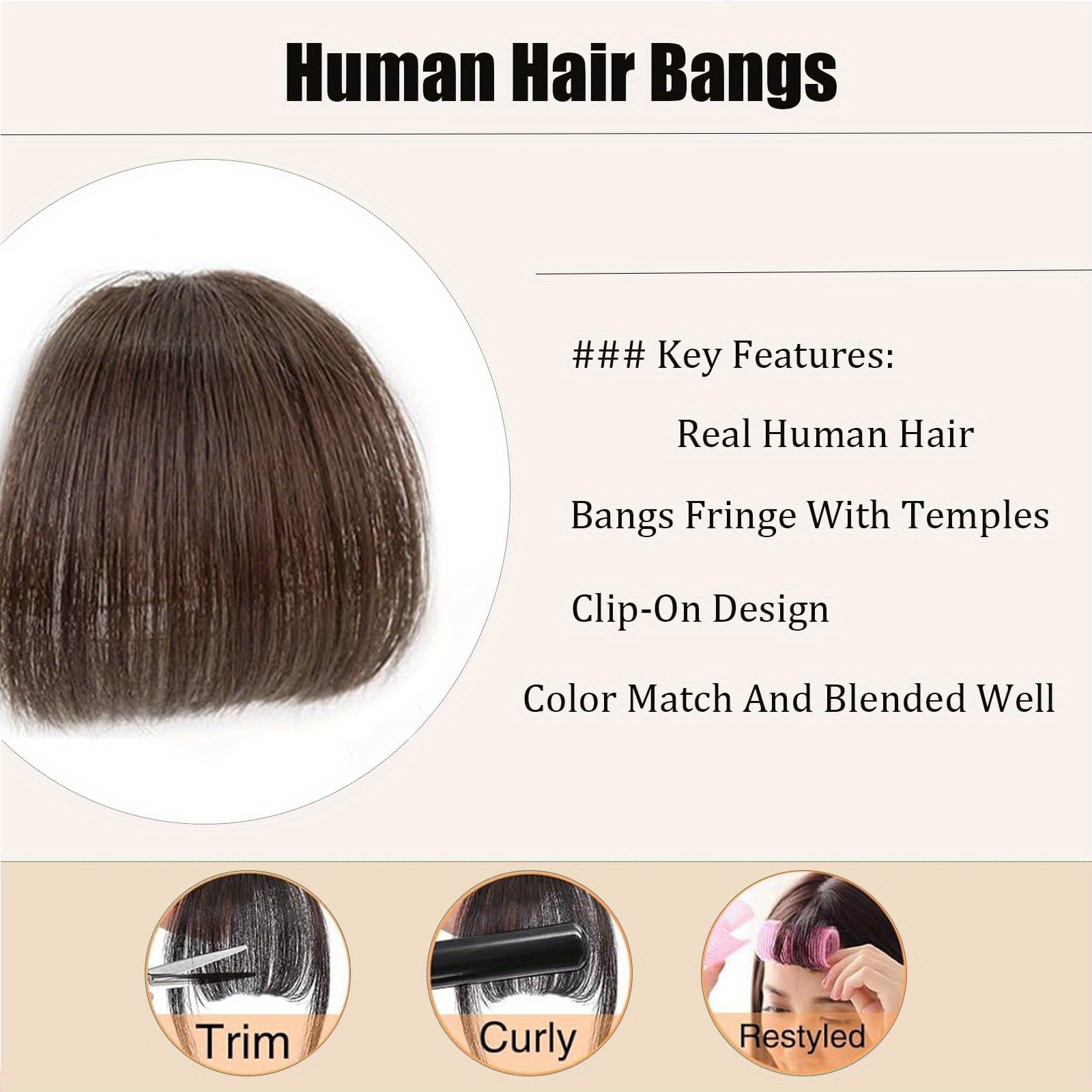 women s clip-in human hair bangs - natural look front fringe extensions, easy to apply no   needed, dark brown/black/, straight hairstyle for everyday &   - salon-quality hairpiece for added volume & dimension details 2