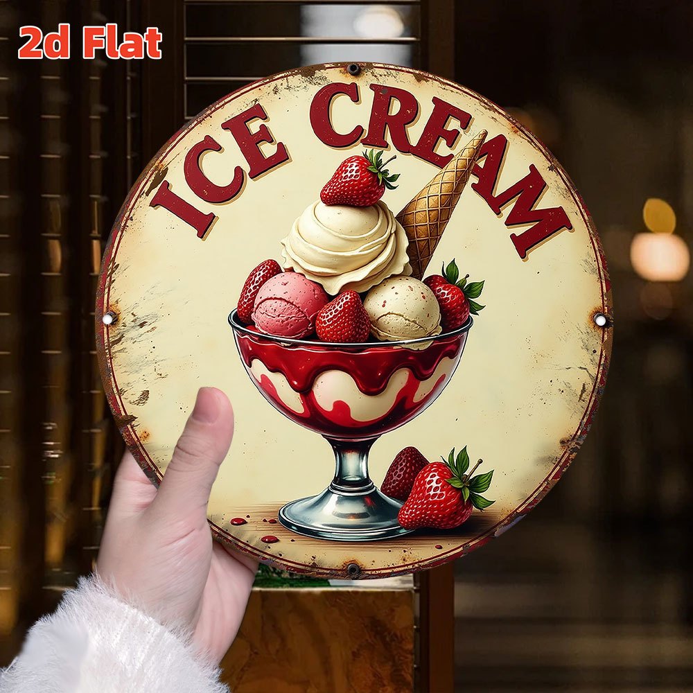 TEMU 2d Flat - Classic 1950s Style Ice Cream Metal Wall Plaque - 19.79x19.79 Cm Circular Diner Decoration Featuring Red Text And Illustration, Sturdy