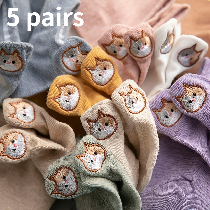 TEMU 【5足セット】新作 春夏 ショートソックス - 女性用 ヘル付き 小耳付き 立体的なボート型ソックス 刺繍入り漫画猫、ローヒール＆浅めの開口部付きソックス カラー