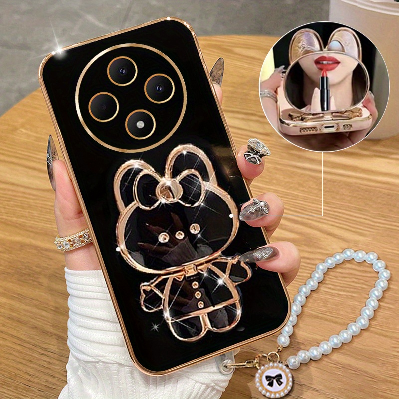 TEMU Phone Case: Reno 12fs 5g 1pc Pearl Lanyard With 1pc Cute Mirror Fold Holder And 1pc Luxury Plating Phone Case For Oppo Reno 12 Fs 5g Shockproof