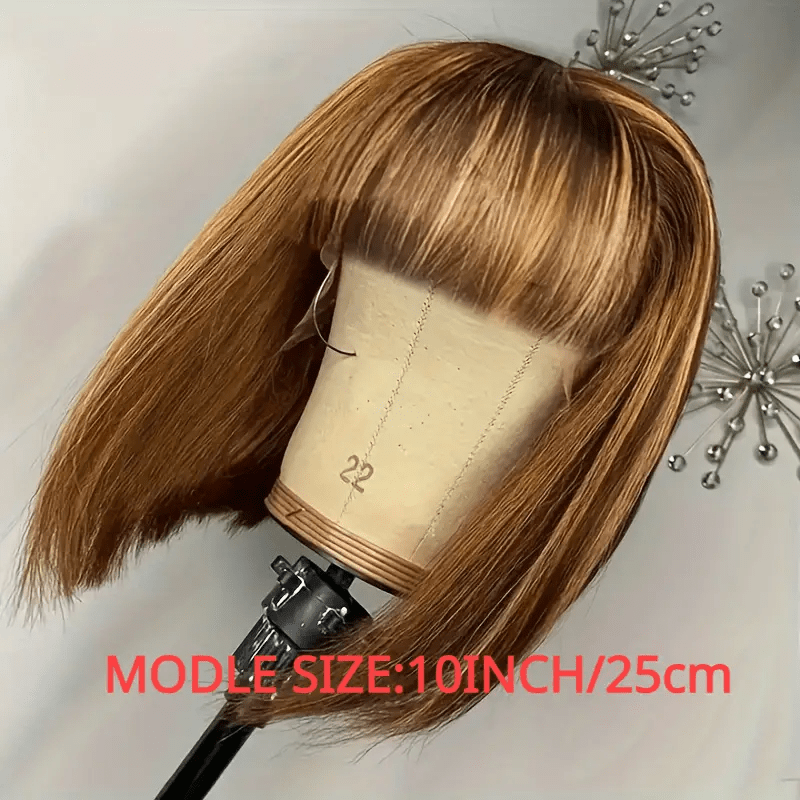 TEMU Looking Brazilian Human Hair Wig Short Bob With Bangs - Ombre Honey Blonde (1b/27) Fringe & P4/27 Root - High Density 180% Straight Wigs For Women Suitable For