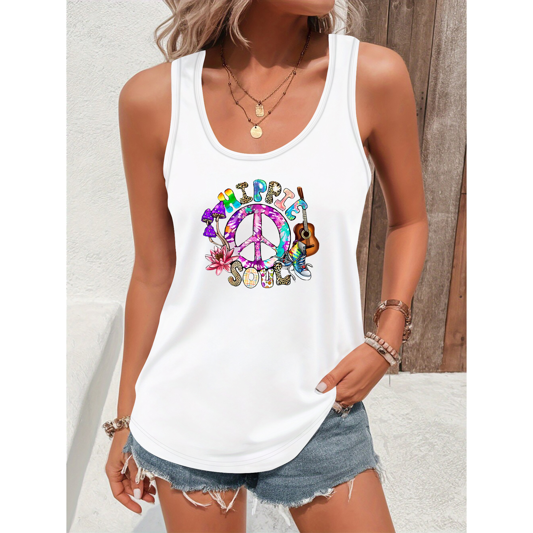 

Women's Casual Sleeveless Tank Top With Vibrant Floral And Peace Graphic, Round Neck, Polyester - Spring/summer/fall, Summer Top|peace Design|polyester Fabric