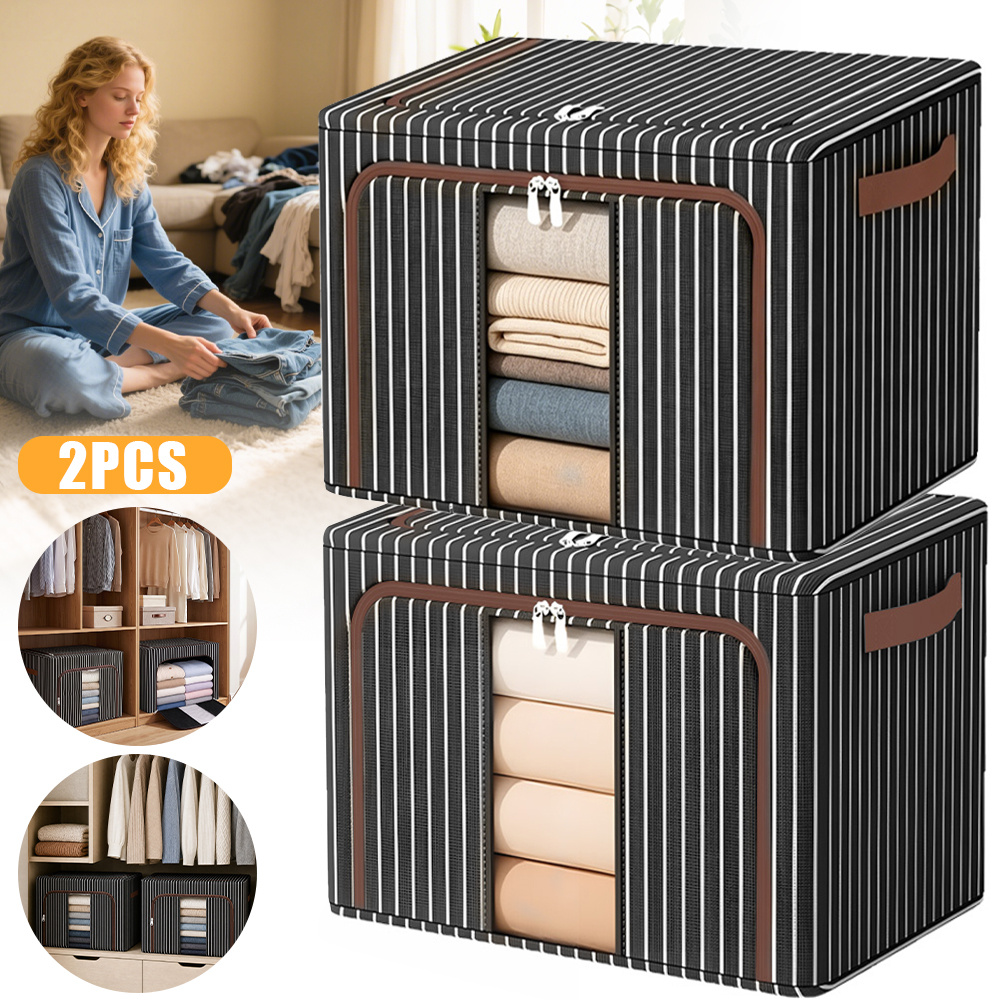 Image of 2pcs Large Capacity Oxford Fabric Storage Bins Sturdy Foldable Clothes Sorting Box Multi-use Organizer For Blankets Sheets Apparel Stuffed Household Wardrobe Bedroom Storage Arrangement