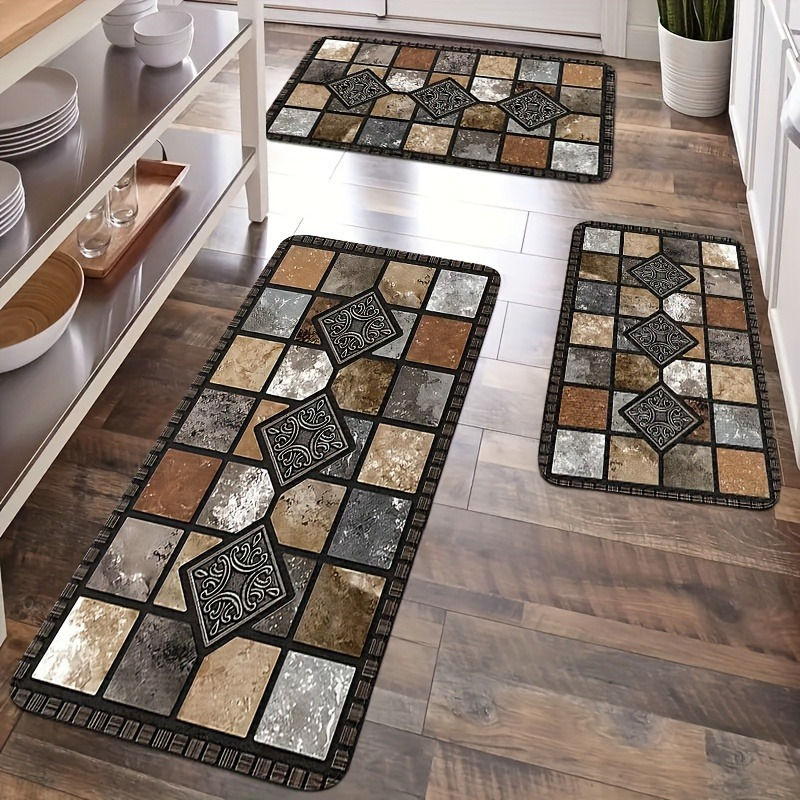 TEMU 2d 3pcs Kitchen Mat Set, Classic Geometric Stone Mat, Retro Style Mat, Farmhouse Kitchen Decoration, Soft And Comfortable, Suitable For Bedroom,