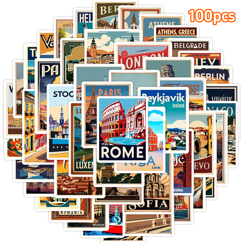 100 european   stickers european     stickers reusable vinyl travel stickers creative phone stickers no residue vintage  s         tower of   suitable for phones laptops water bottles and notebooks travel decorations