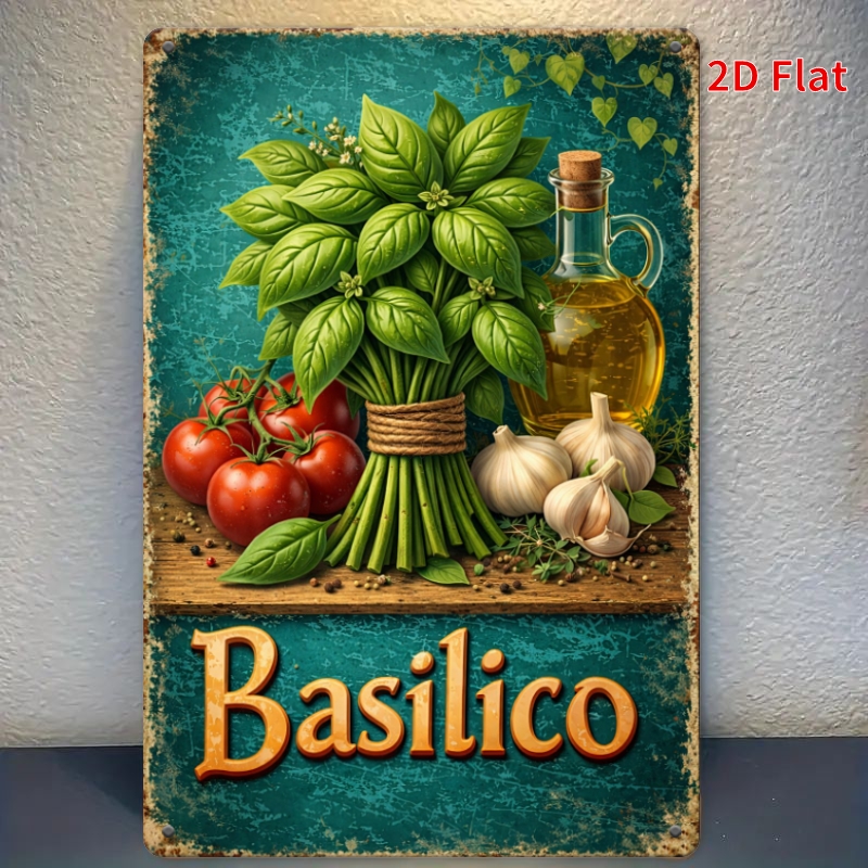 TEMU 2d Flat, [2dflat]1pc 30x20cm- Vintage Metal Tin Sign, Fresh Basil Tomato Olive Oil Wall Decor, Retro Plaque For Cooking Lovers