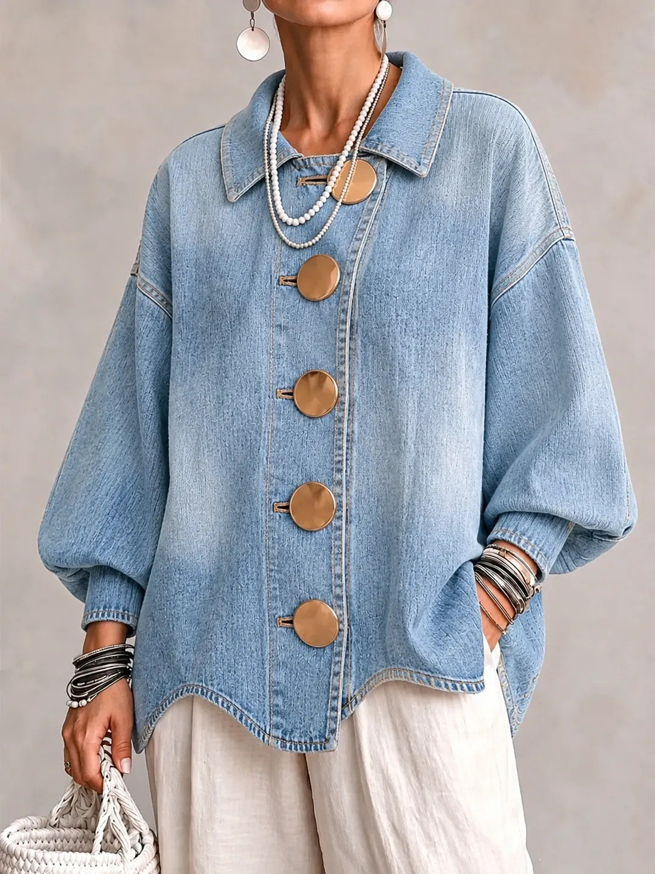 item picture women oversized denim jacket lapel lantern long sleeve big golden button irregular hem loose   jean outerwear