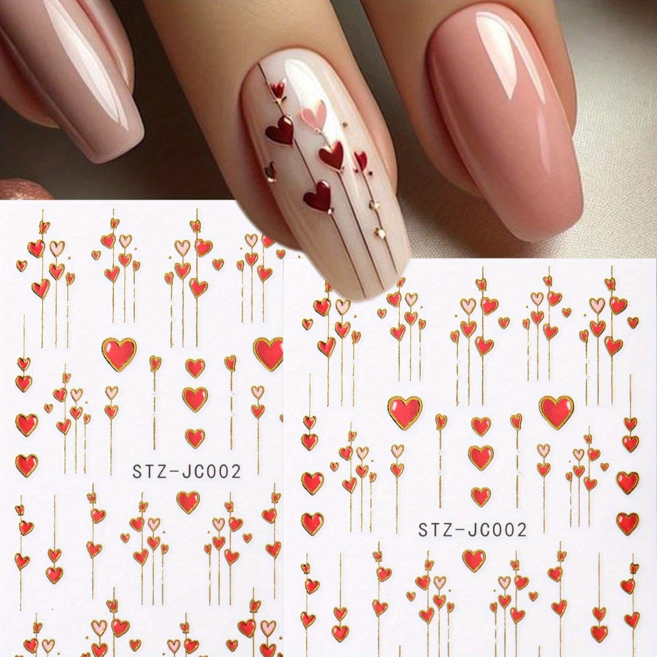 2pcs Red Heart & Golden Stripe Nail Stickers - Shiny French Tip Decals With Sparkling Plastic Charms, Glossy Diy Wedding, Valentine’s Day, Holiday Nail Art For, Easy Application (golden Lines, Use)