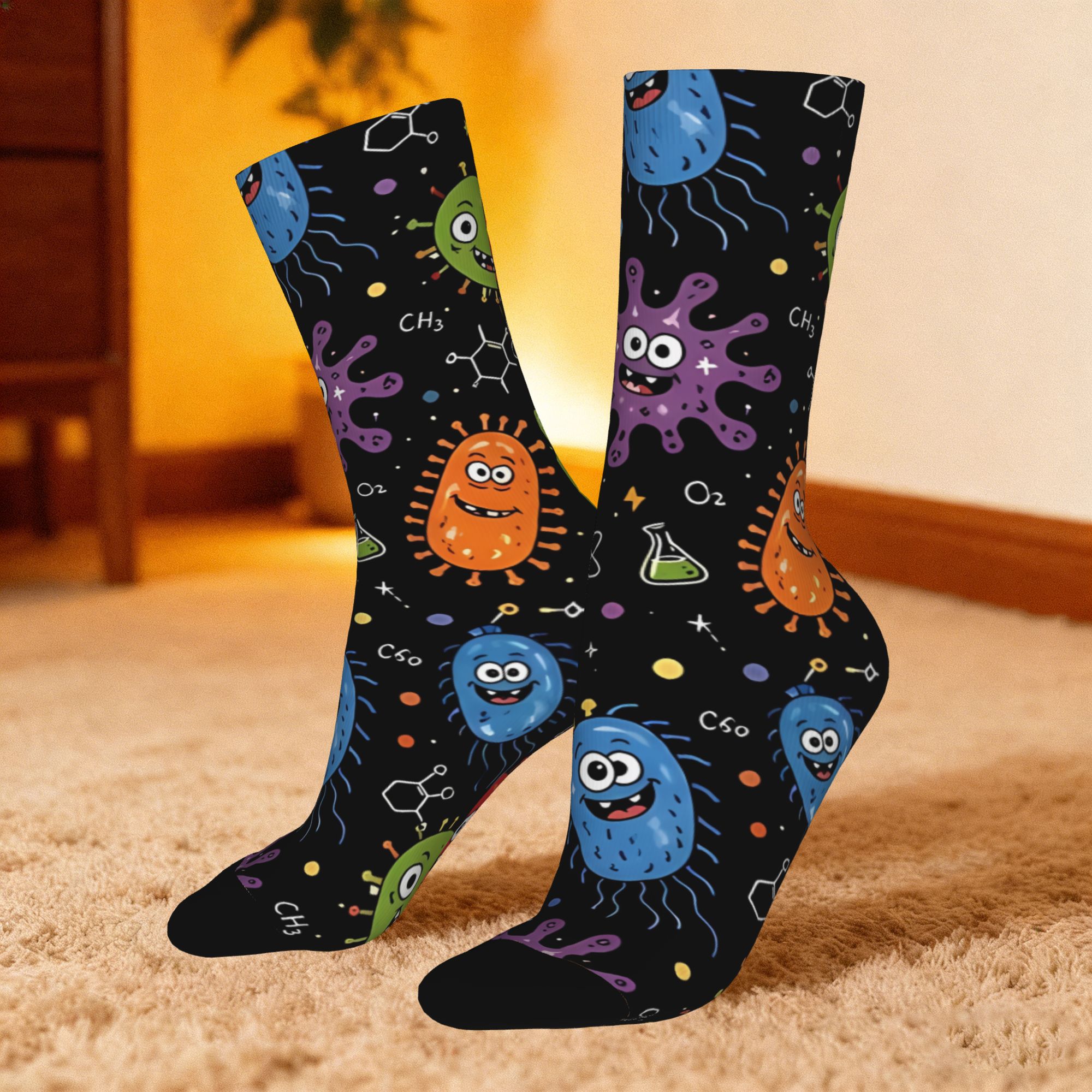 TEMU 1 Pair Hip Hop Vintage Science Cute , Virus, Microbiology Seamless Pattern Crazy Men's Compression Socks Unisex Harajuku Pattern Printed Funny