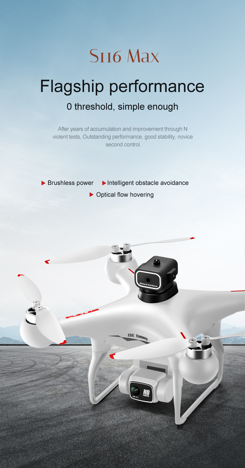 Drone Professionnel S116 avec Moteur Sans Balais, Système de Stabilisation Optique, Caméra Réglable, Wi-Fi FPV, Vidéo HD Sans Fil 480P, Autonomie Jusqu'à 15 Minutes - Idéal pour la Photographie Aérienne, la Course, la Cartographie, l'Inspection - Compatible Smartphone, Chargement USB, Drone Portable