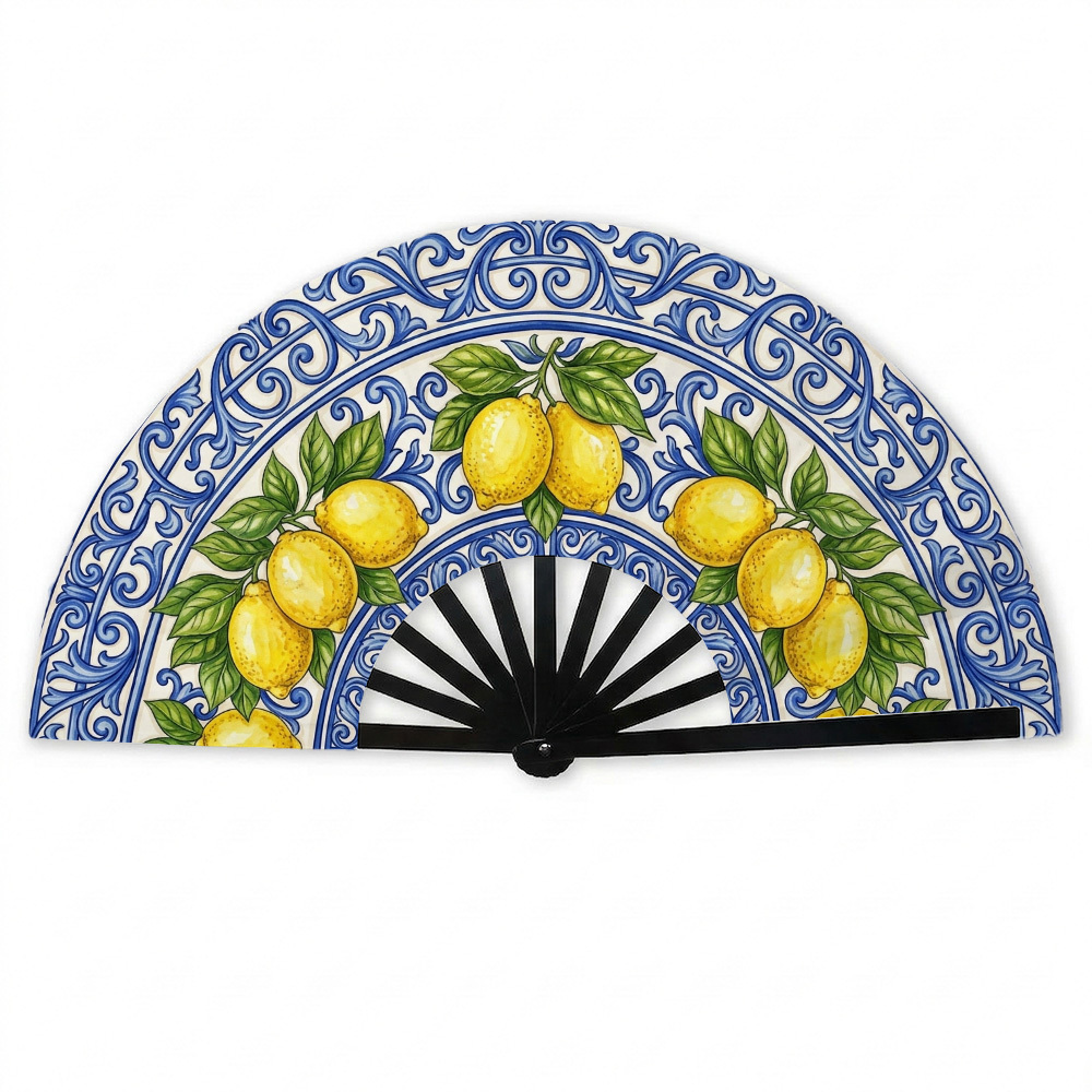 TEMU 1pc Éventail pliant portable en méditerranéenne pour voyage, citrons jaunes et bleues, fêtes de famille, concerts, de de diplômes, spectacles de