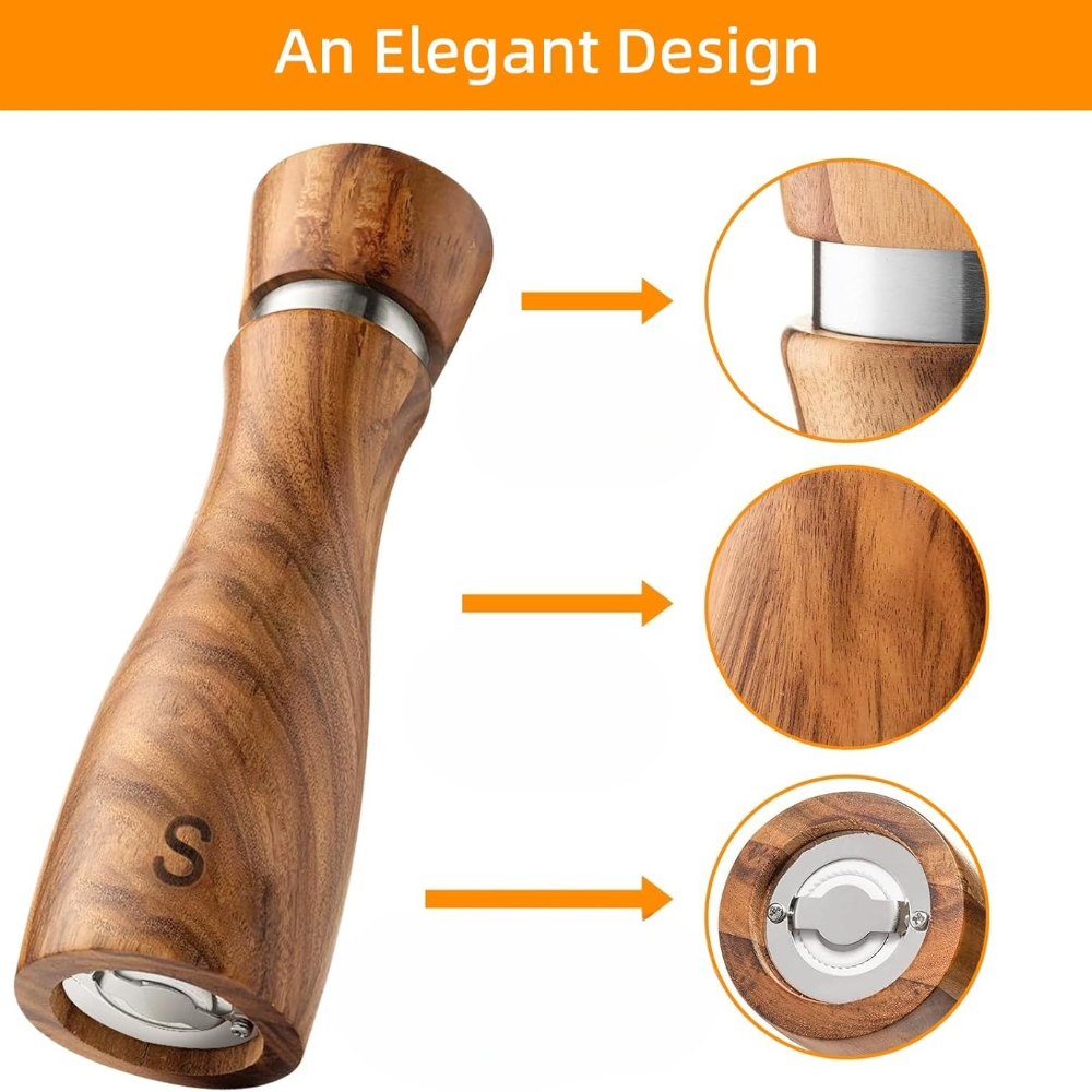 salt and pepper grinder set salt grinder refillable with wooden trays and spoon with adjustable salt and pepper mills for adjustable coarseness suitable for kitchens restaurants holiday gifts christmas gifts 4pcs Product details 4